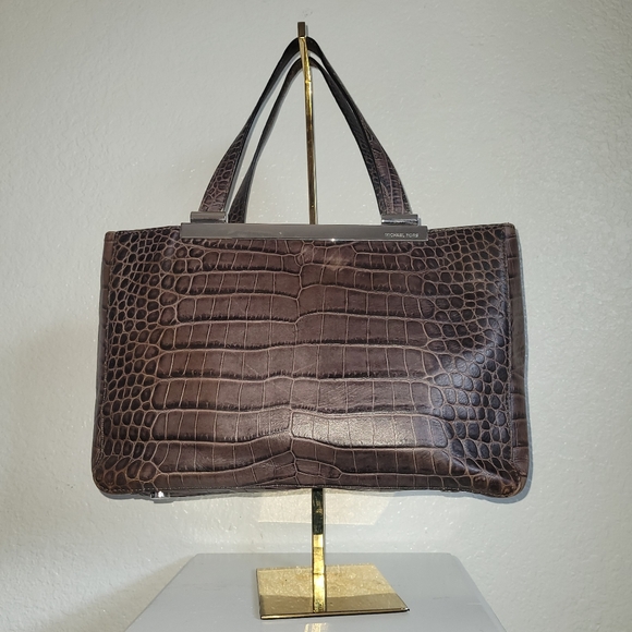 Michael Kors Dark Brown Crocodile-Embossed Tote With Silver Details - Picture 1 of 14